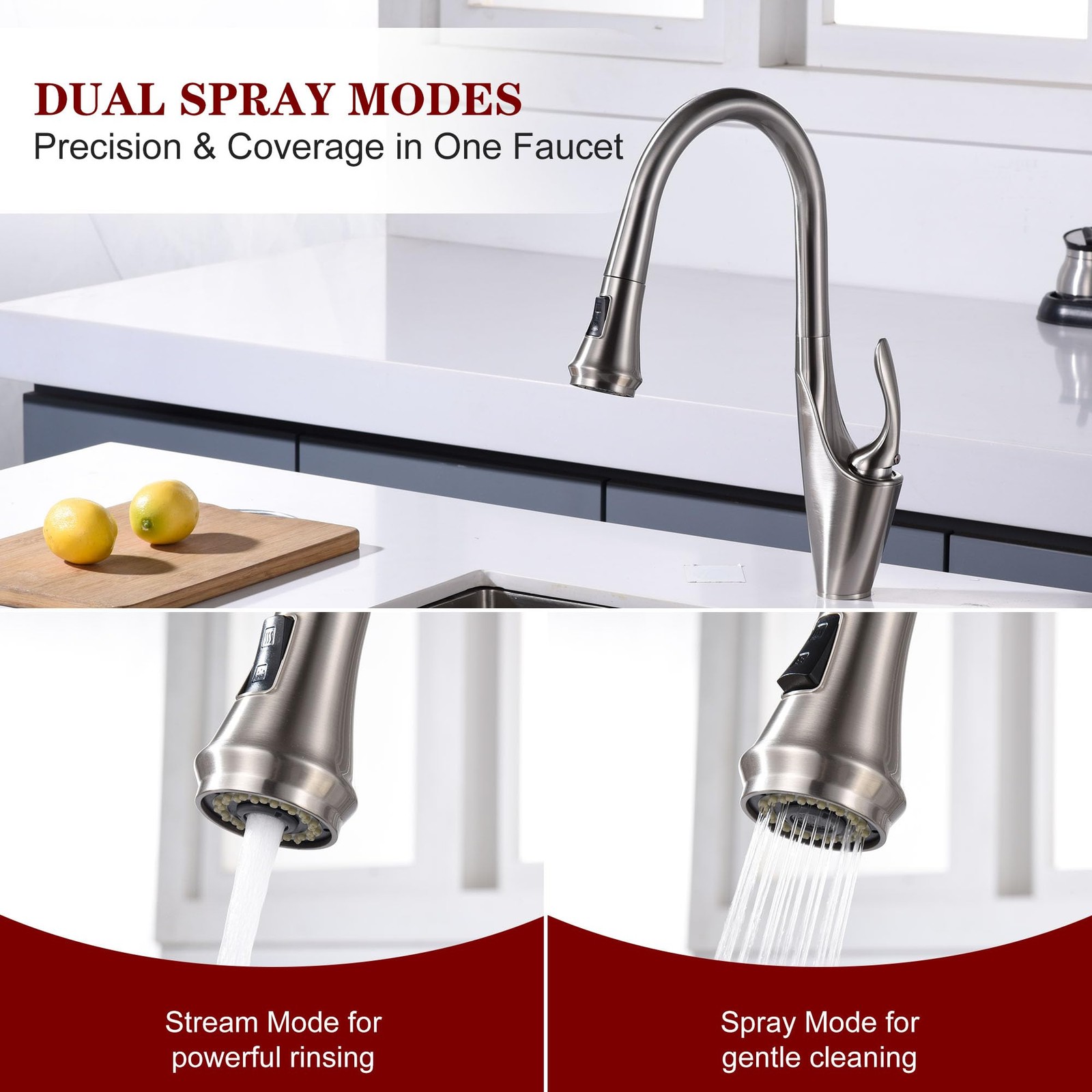 SUMERAIN Pull Out Kitchen (17-5/16") Faucet Height, Brushed Nickel