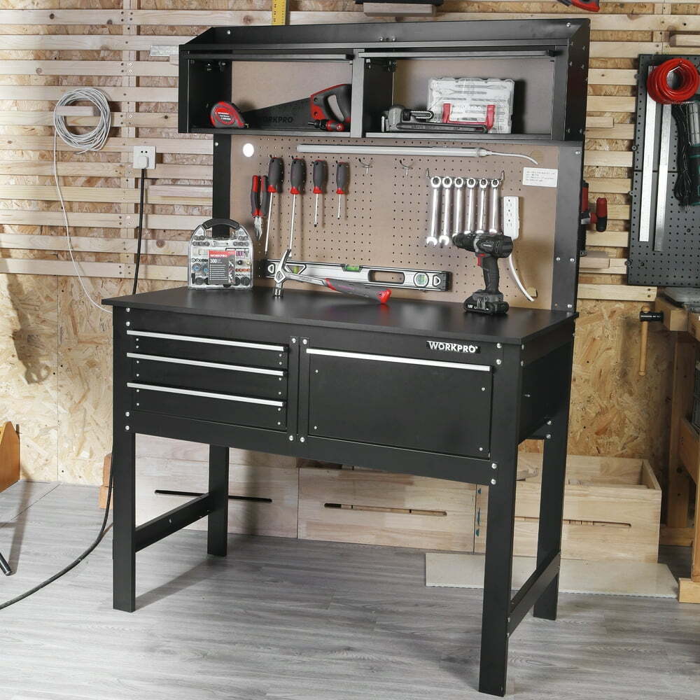 Workbench Cabinet Combo w Light 4" Tool Work Bench Steel Table Storage Garage