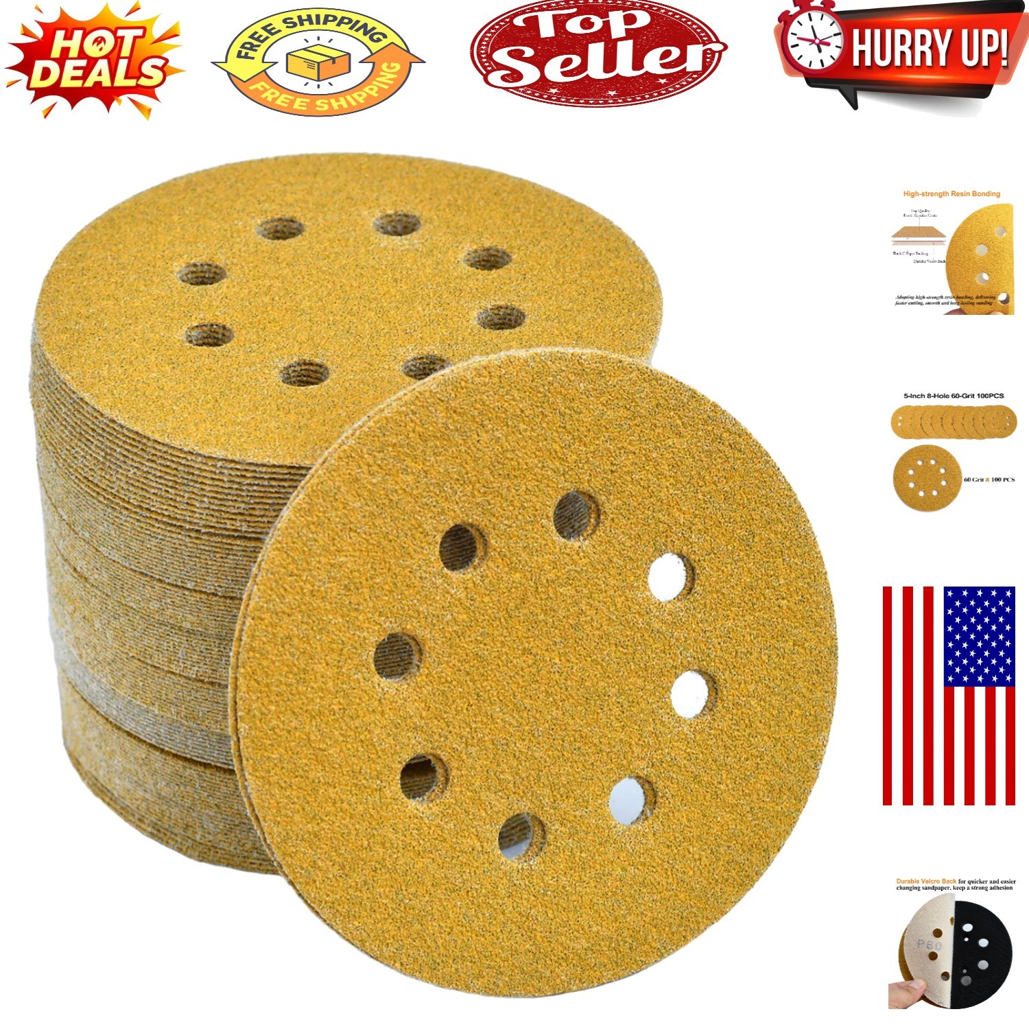 5-Inch 60-Grit Hook & Loop Sanding Discs, 100-Pack