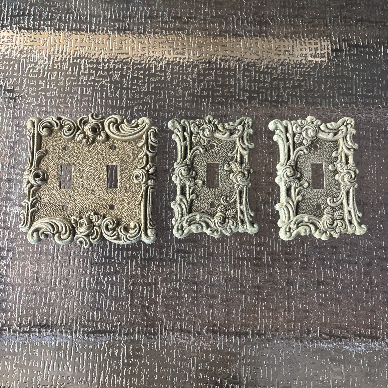 Lot of 3 Ornate Brass Metal Wall Light Switch Plates Covers Floral Design