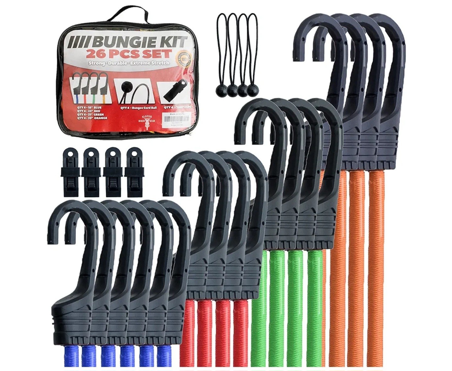 CLASSIC BIKER GEAR X001WBXOYB, Bungee Cord Set w/Hooks, Heavy-Duty, 26 Piece Set