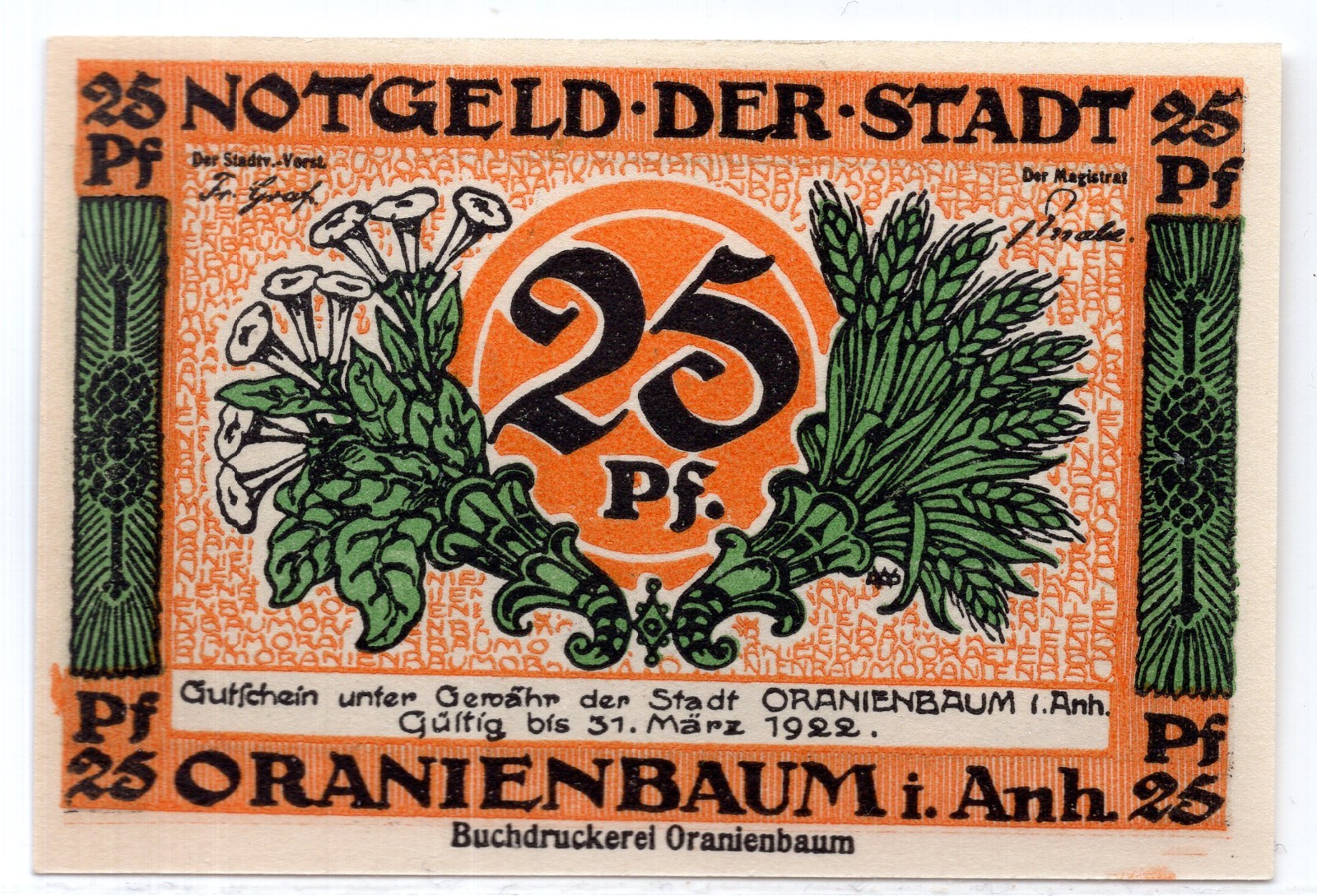 1922 Germany Oranienbaum Notgeld 25 Pfennig Note (NG234)