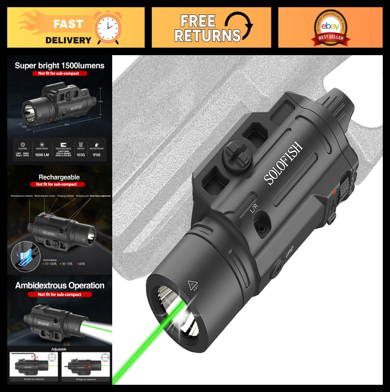 1500LM Tactical Pistol Light & Green Beam Combo, Rechargeable, Strobe/Momentary,