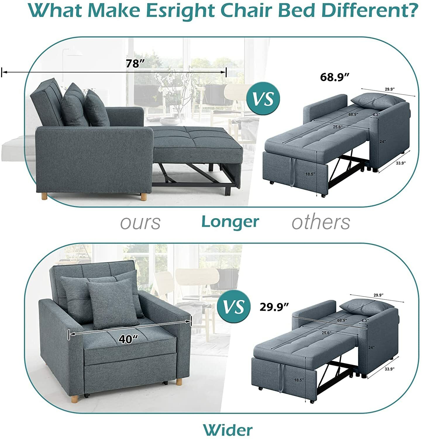 Convertible Sofa Bed 3-in-1 Pull out Arm Chair Folding Recliner Sleeper 5 Color