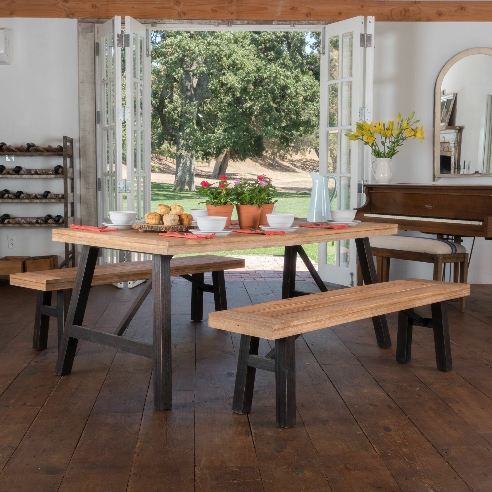 Arlington Farmhouse 4 Seater Benches & Table Picnic Dining Set