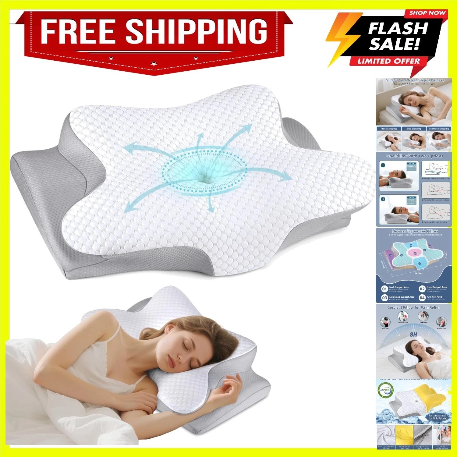 Cervical Neck Pillow for Sleeping - Ergonomic Side Sleeper Pillow for Pain Re...