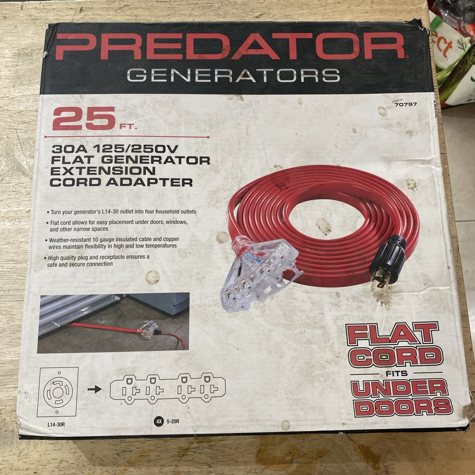 PREDATOR 25 ft., 30 Amp, 125/250V Flat 4-Outlet L14-30  Generator Extension Cord