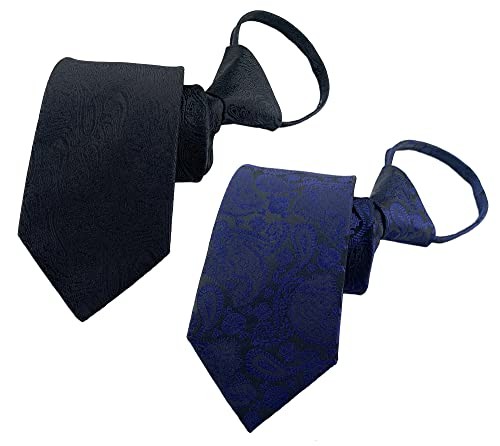 Zipper Ties for Men, 2.76 Inch Classic Woven Silk Mix2 Paisley - Black, Navy