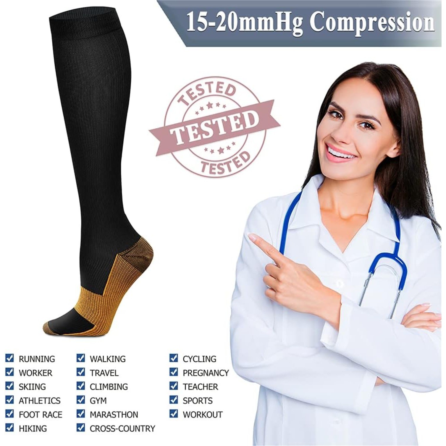 8 Pairs Copper Compression Socks Circulation, 15-20 mmHg Small-Medium