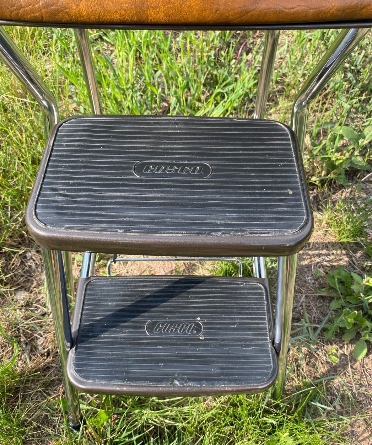Vintage Cosco Chrome Kitchen 2 Step Stool Brown Seat 32 Inches Tall