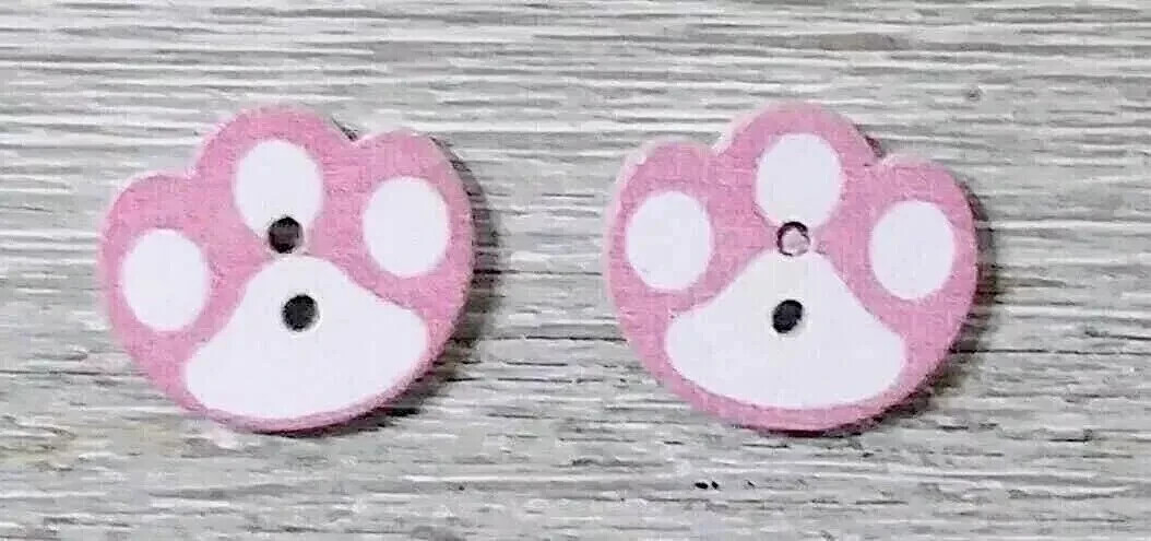 wood paw print sewing buttons 2 holes 5/8 inch light pink 2pc