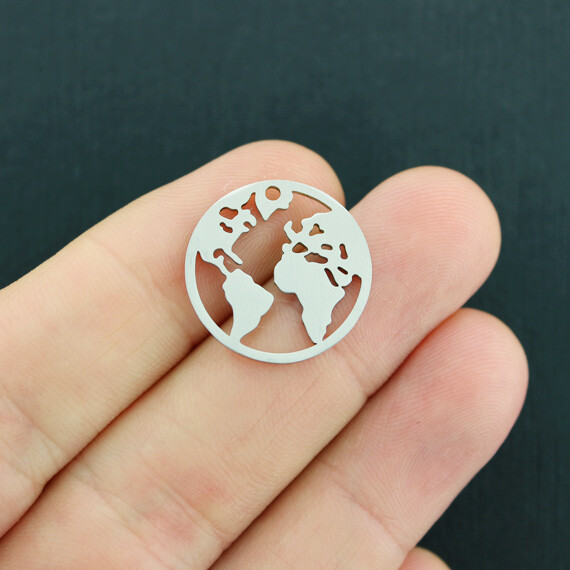 2 Earth Charms Stainless Steel 2 Sided Cutout Globe Pendants - MT719
