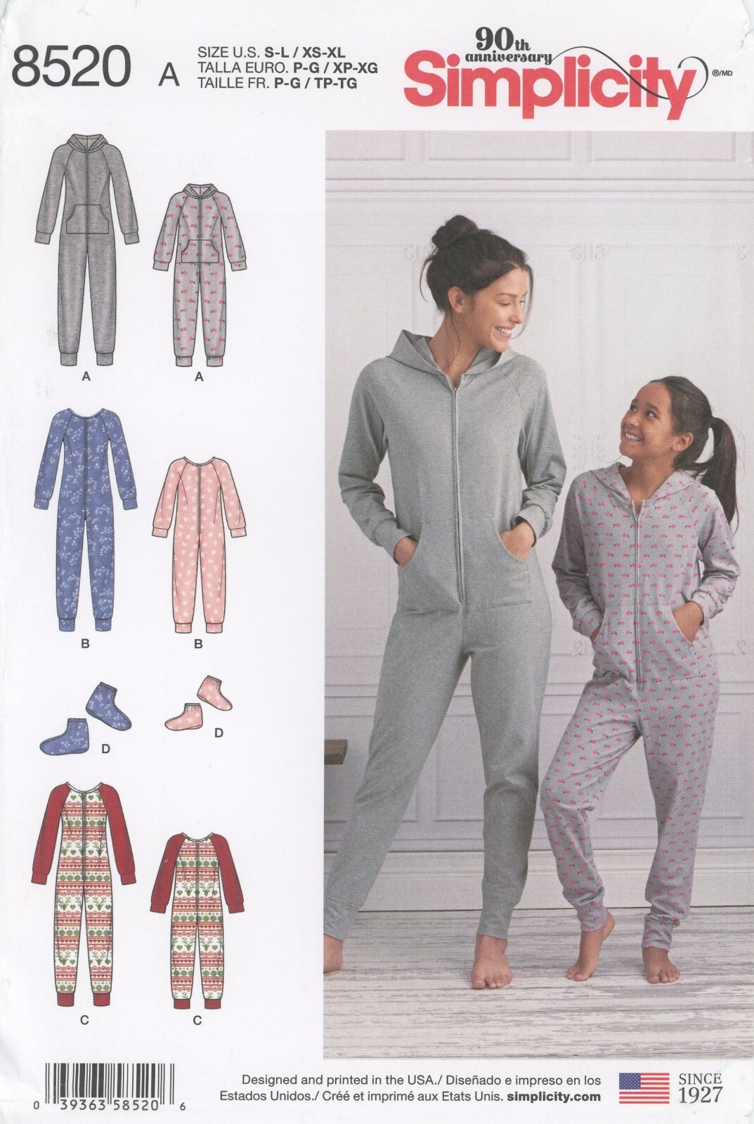 Simplicity 8520 Hoodie Jumpsuit Pajamas & Booties Girls S-L, Misses' XS-XL UNCUT