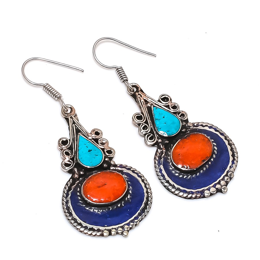 Coral Turquoise Lapis lazuli Earring Tibetan Vintage Nepali Jewelry 2.1" NE 5316