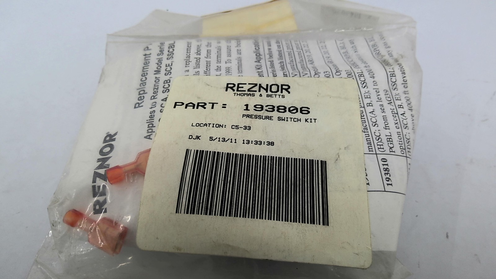 Reznor 193806 Pressure Switch Kit
