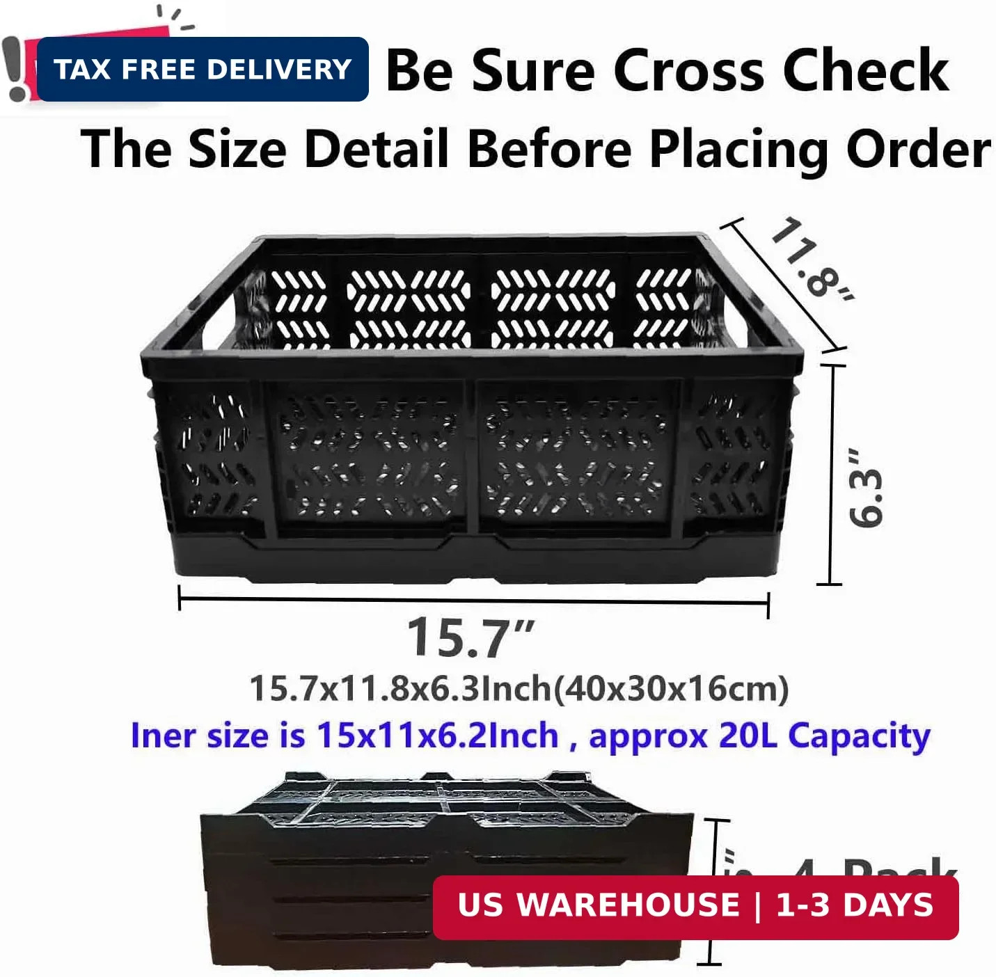 4-Pack Plastic Storage Crates,20L Foldable Baskets,Collapsible Crates, Storage B