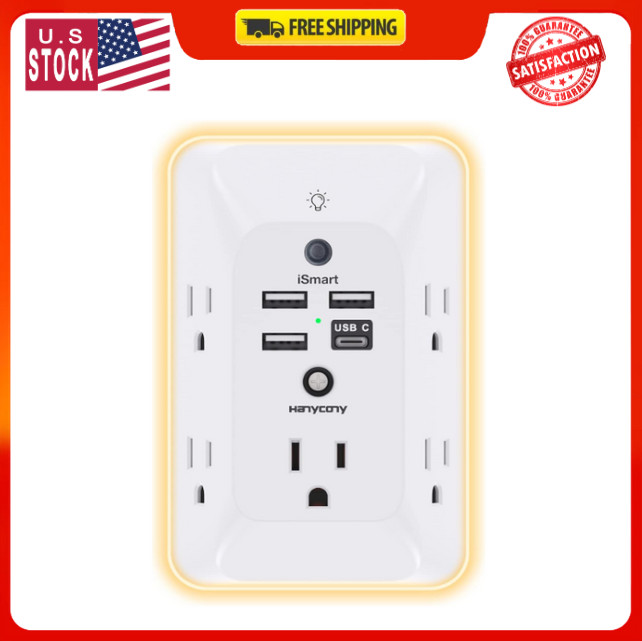 Outlet Extender with Night Light, Multi Plug Outlet, USB Wall Charger Surge Prot
