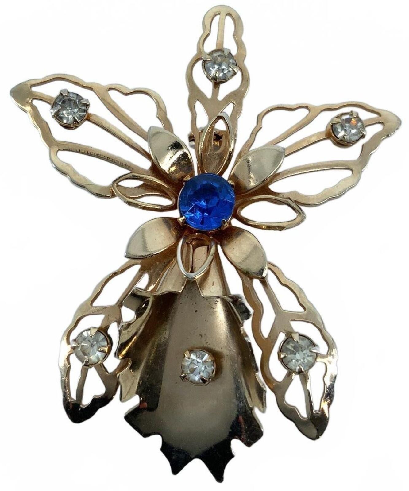 Vintage Gold Tone Blue Rhinestone Mid Century Orchid Flower Brooch Pin Small