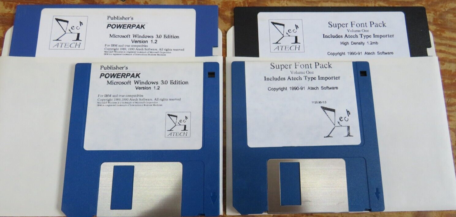 Lot of 4 Vintage ATECH Publisher's Powerpak Floppy Disks 3.5 & 5.25 inch