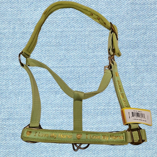Nylon Padded Halter Horse Size Lime I Love My Horse in Gold NEW