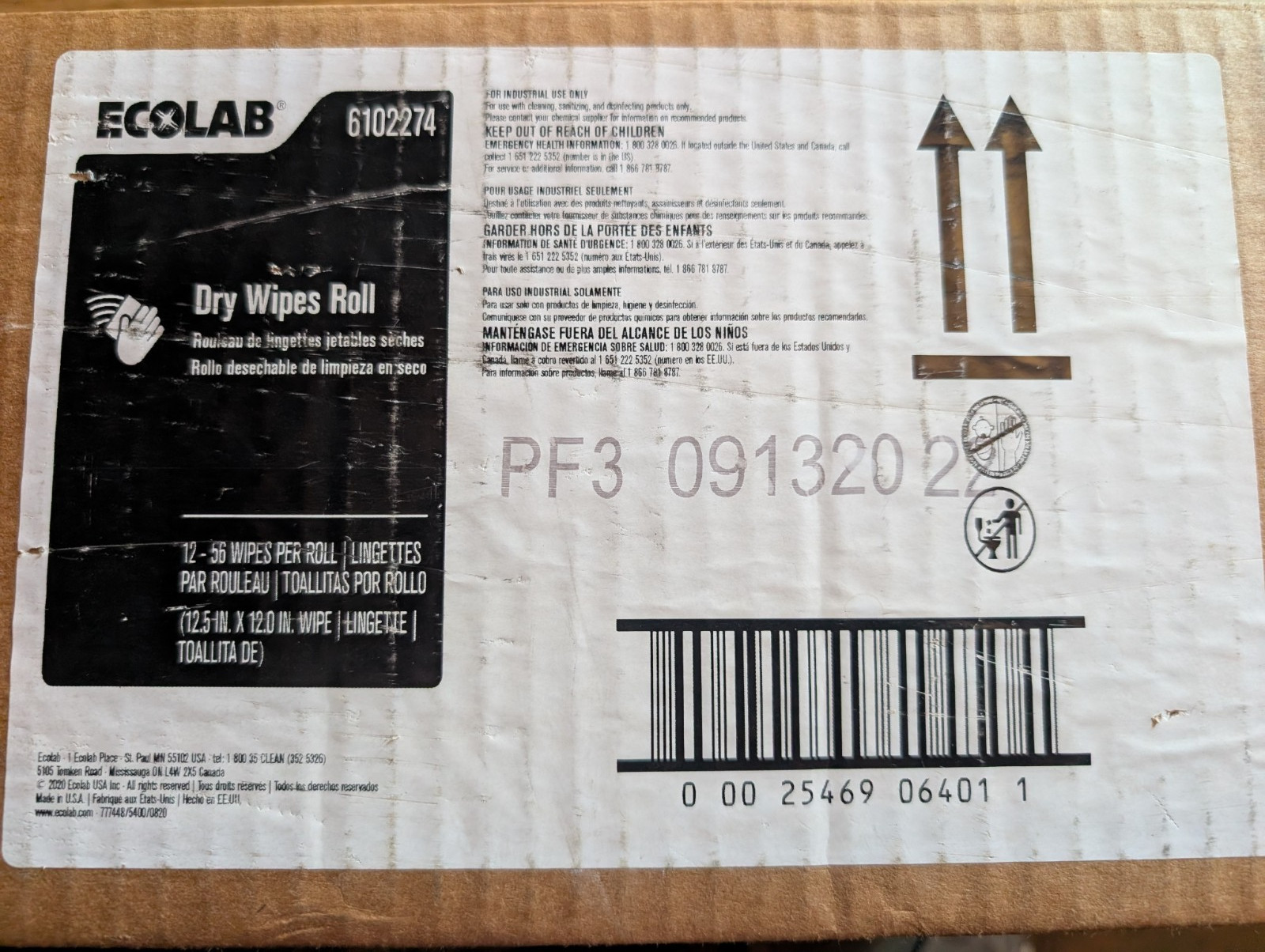 Ecolab 6102274 disposable dry Wipes 12 rolls