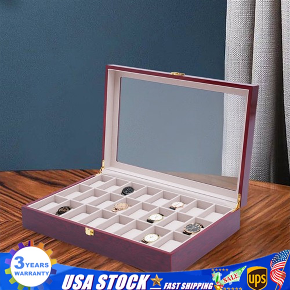 24 Slot Wooden Watch Box Display Case Glass Top Jewelry Storage Organizer + Lock