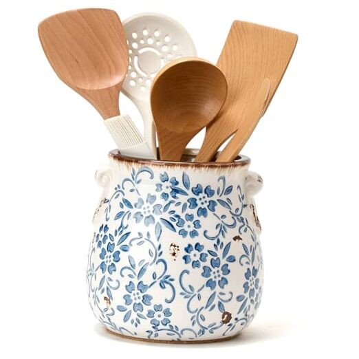 Utensil Holder for Kitchen Counter, Modern Farmhouse Blue and White- 2 Ears