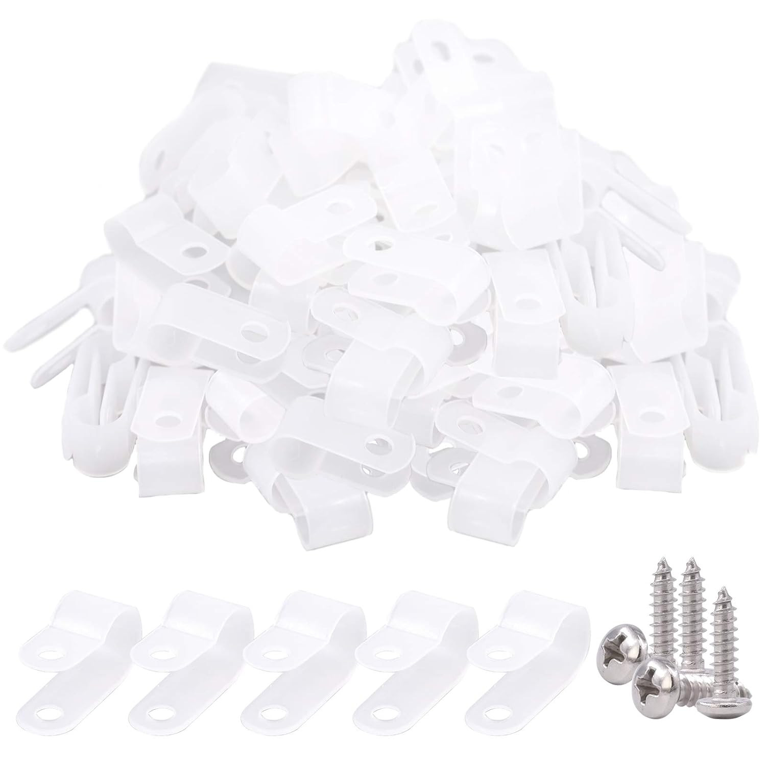 120Pcs 3/8 Inch White Nylon Screw Mounting R-Type Cable Clip Wire Clamp with 120