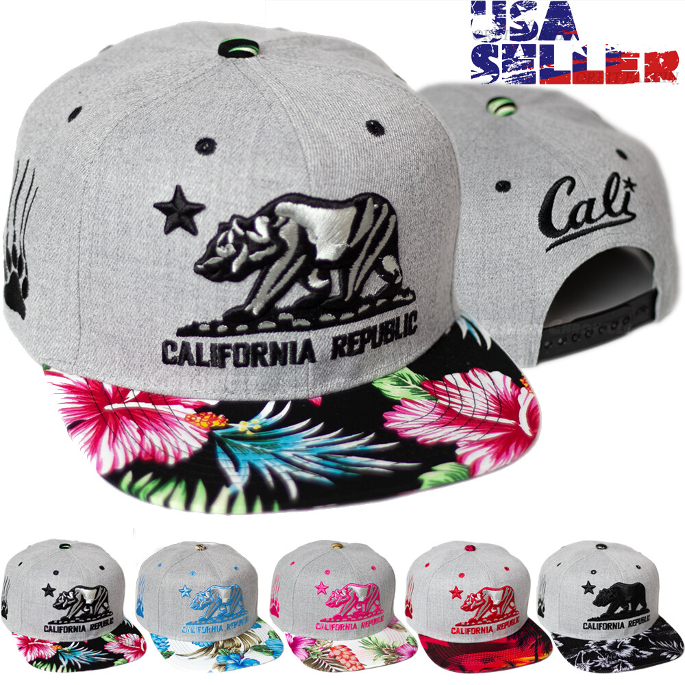 California Republic Baseball Cap Hat Hawaii Floral Snapback Adjustable Flat Men