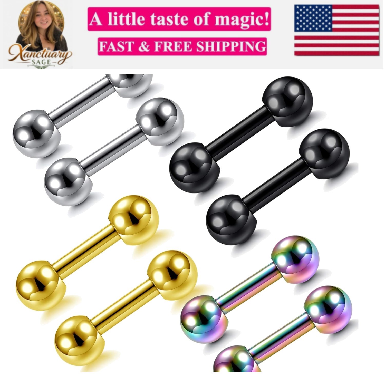 4 Pairs Stainless Steel 14/16G Mixed Colors Body Piercing Barbells 6-16mm Pos...