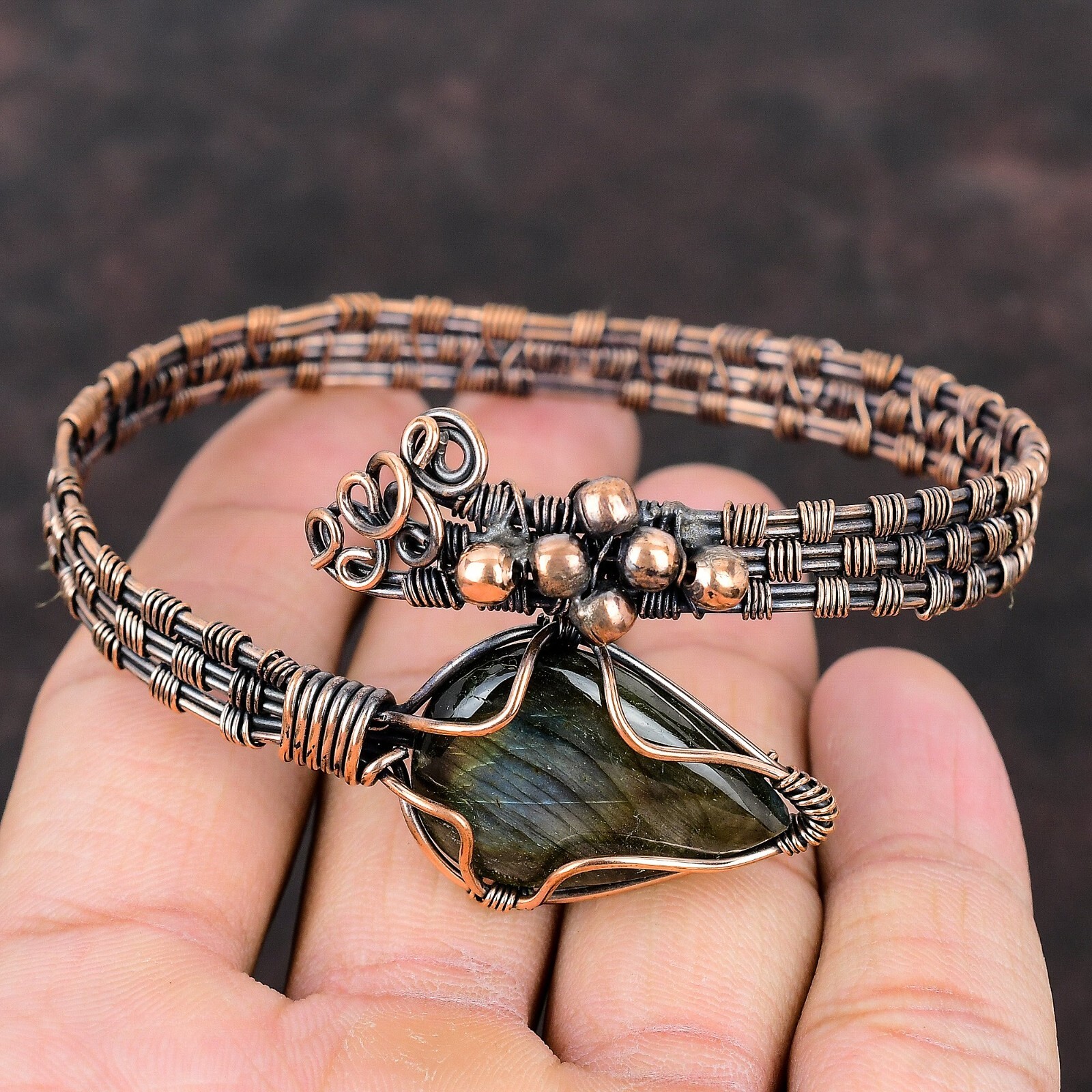 Labradorite Wire Wrapped Adjustable Cuff Handcrafted Copper Ethnic Gift Jewelry
