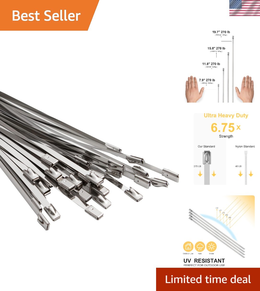 Heavy Duty 15.8” Stainless Steel Zip Ties - 30 Pieces with 270 lb Strength