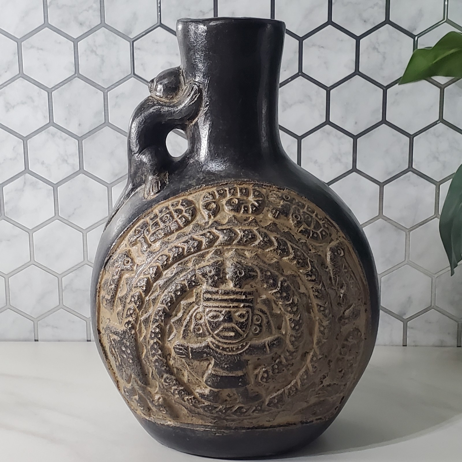 Pre Columbian Chimu Peruvian Blackware Serpent Monkey Vessel Replica