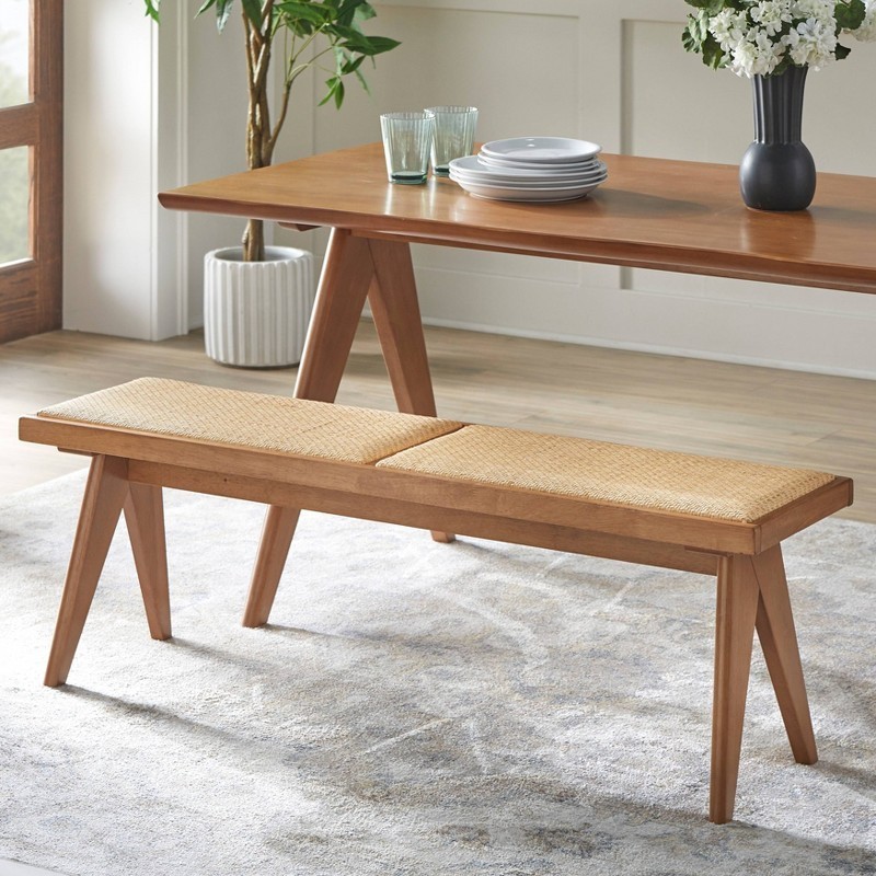 Valentina Modern Rattan Solid Wood Dining Bench Light Walnut