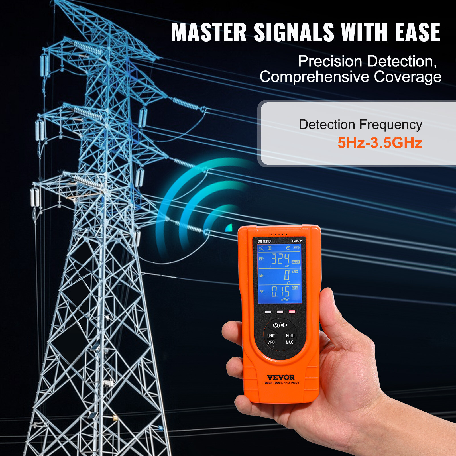 VEVOR Digital LCD 3-in-1 EMF Meter Electromagnetic Radiation Detector EF MF RF