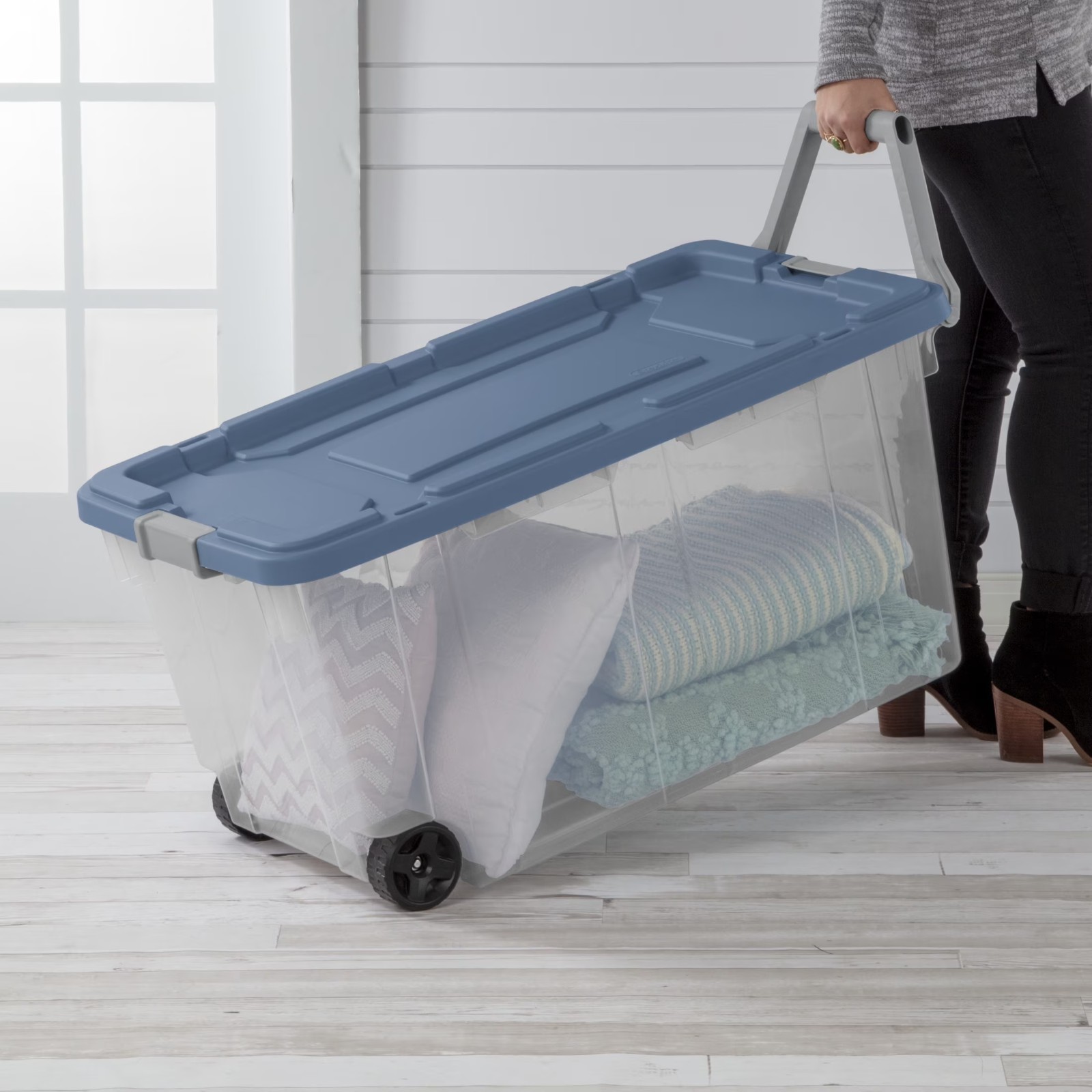Sterilite 160 Qt Wheeled Storage Bin Clear Blue Latching Lid 4 Pack