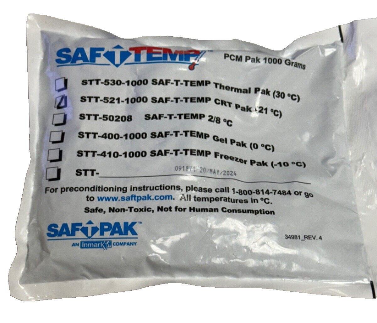 8 Packs -SAF-T-PAK PCMPak 1000 Grams  STT-521-1000 - Saf-T-Temp CRT  Packs 1000g