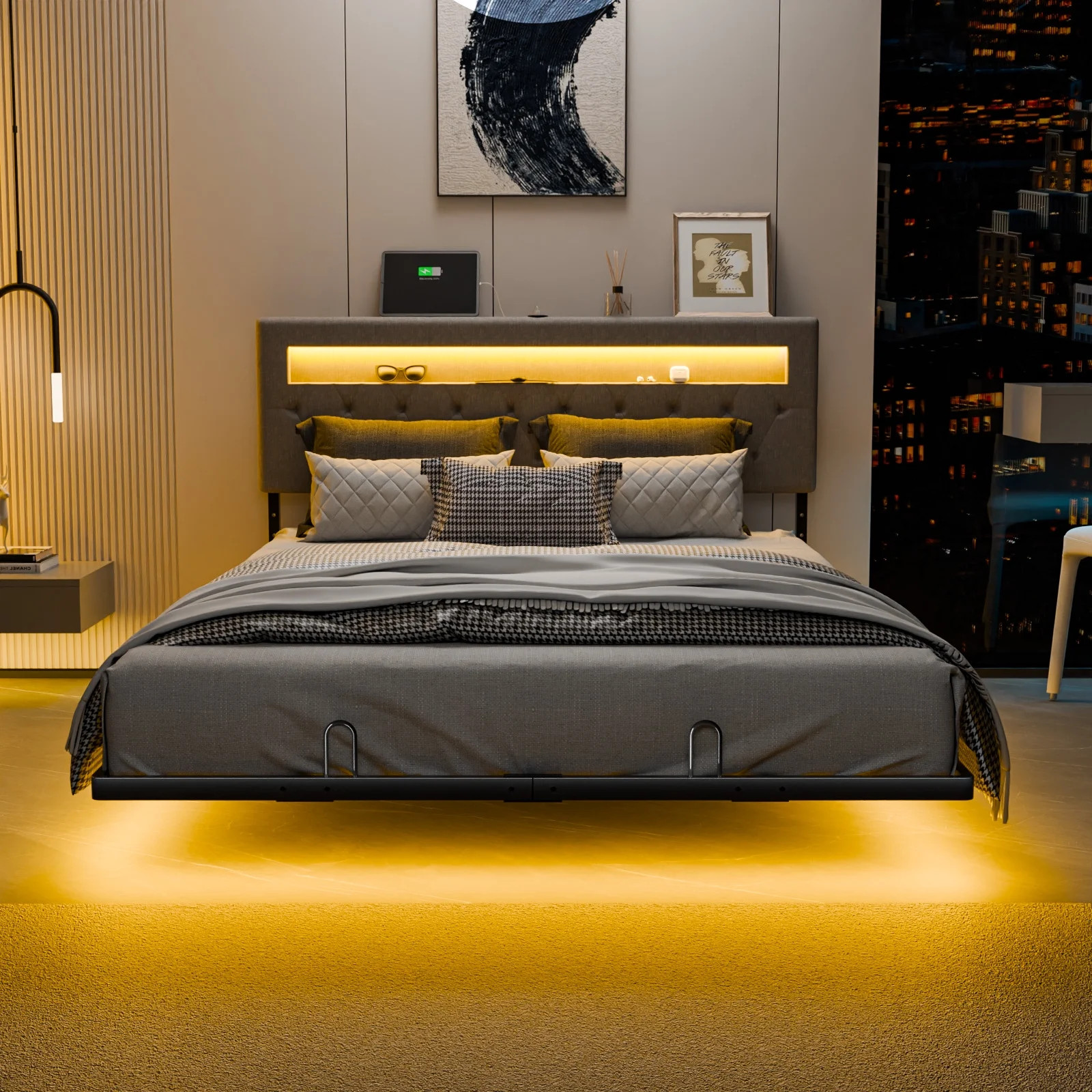 QUEEN SIZE Floating Platform Bed Frame With Charging Station Storage Headboard