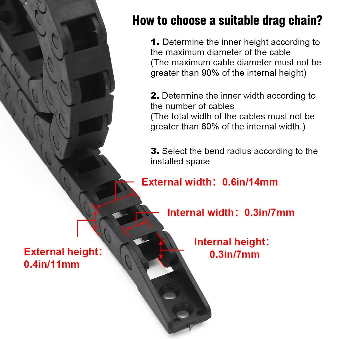 R18 7mm x 7mmInner H x Inner W Black Plastic Cable Wire Carrier Drag Chain 1M