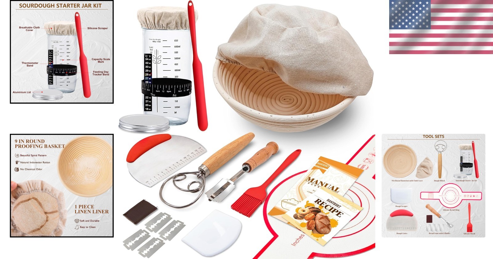 Bread Proofing Kit Sourdough Starter Jar Banneton Basket Baking Supplies