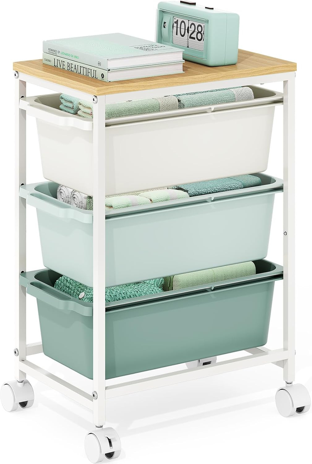 Rolling Storage Cart with 3 Drawers, Craft Organizer, Wooden Tabletop Utility Ca