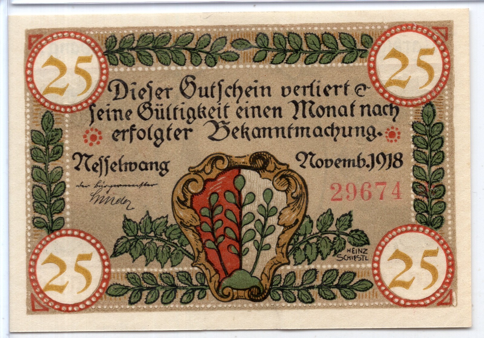 1918 Germany Nesselwang Notgeld 25 Pfennig Note (NG566)