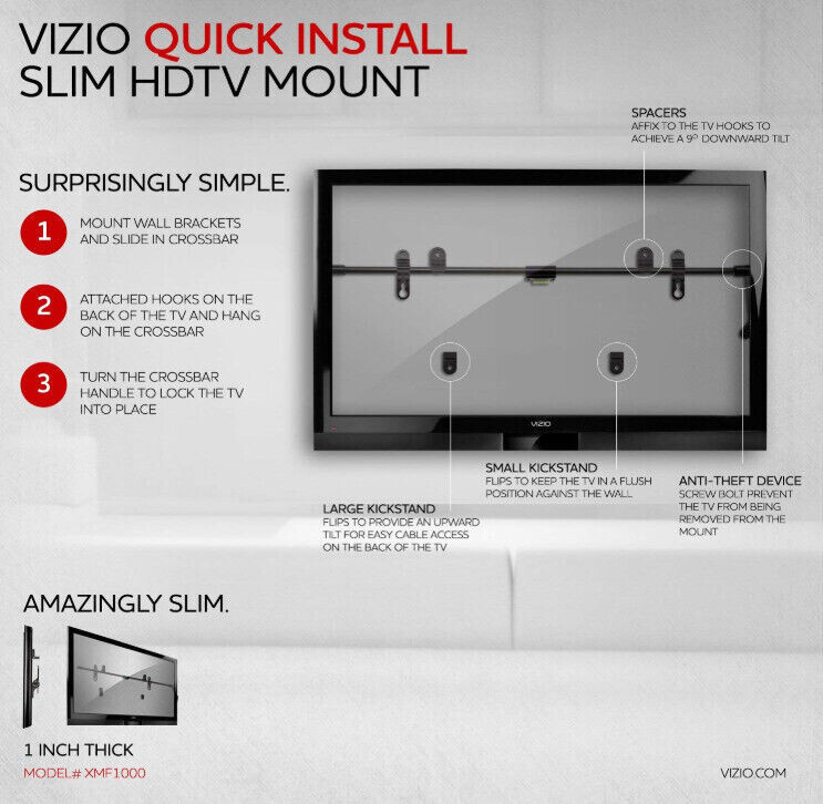 VIZIO XMF1000 Quick Install Slim HDTV Mount (Black)- New