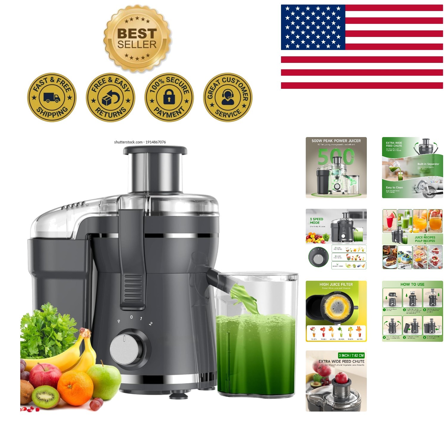 Powerful 500W Juicer - Easy Clean, Wide Mouth & High Juice Yield for Fresh Juice