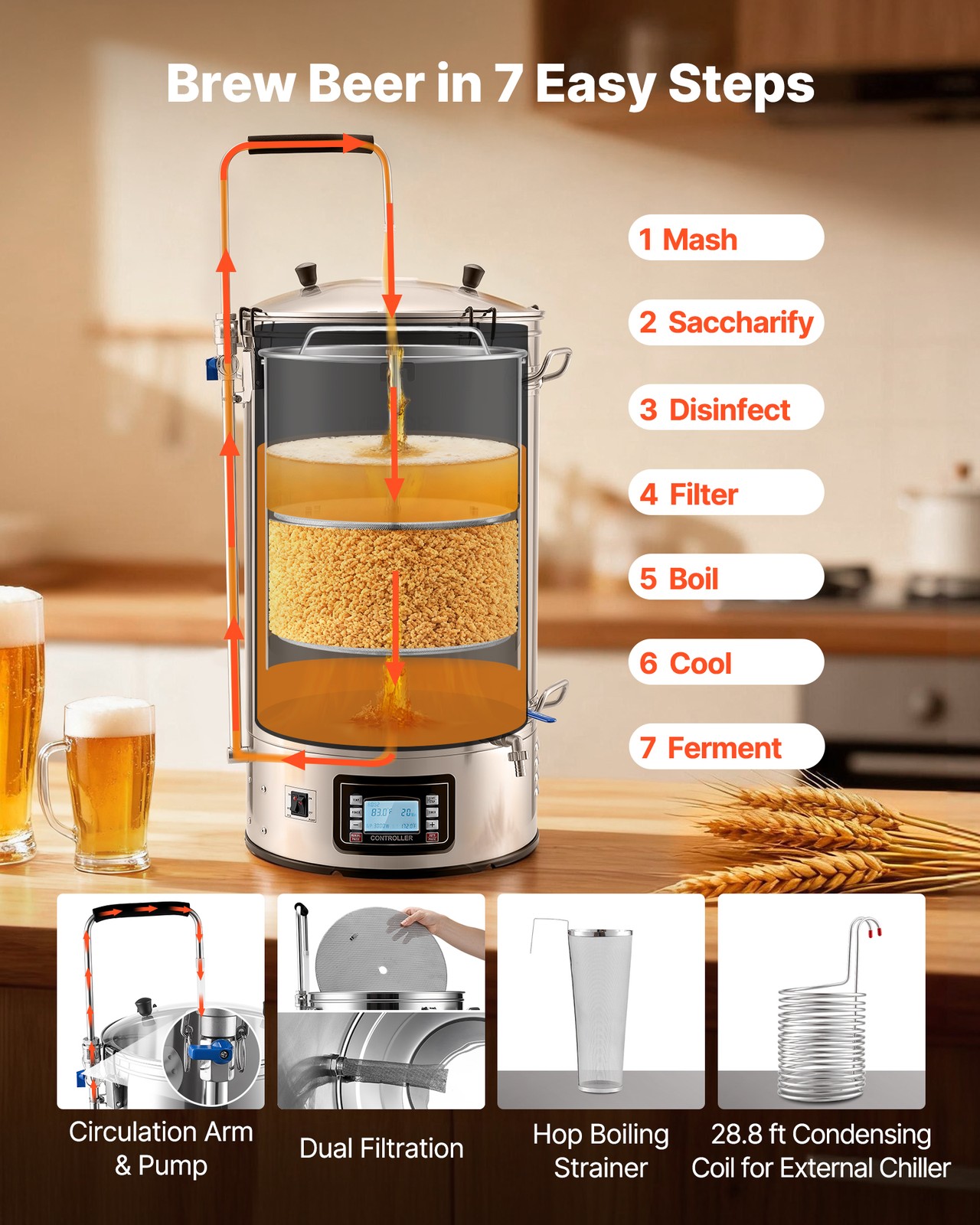 VEVOR Home Beer Brewing Machine Grain Brewing System w/ Circulating Pipe 16 Gal