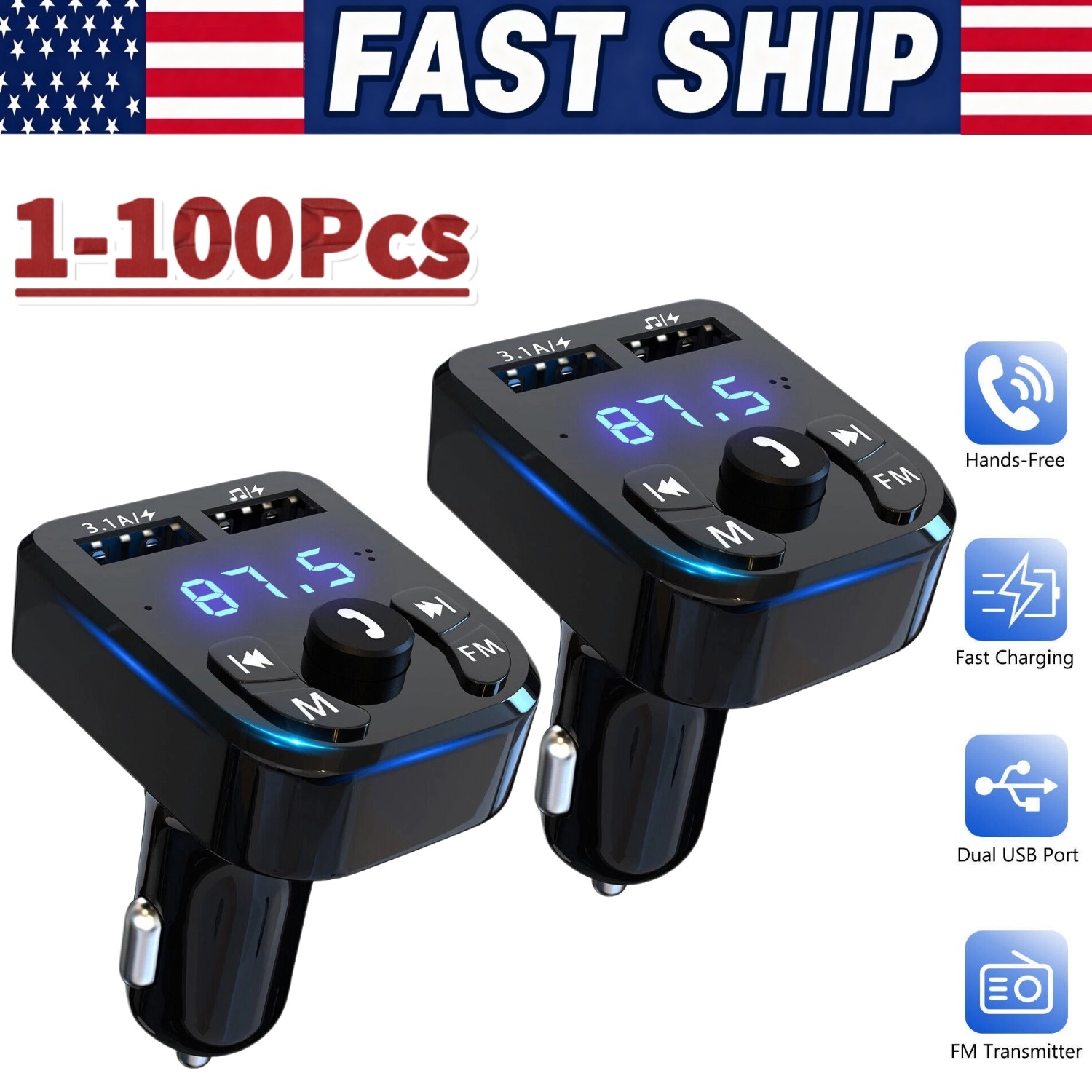 Bluetooth 5.0 Car Wireless FM Transmitter Adapter 2USB PD Charger Hands-Free Lot