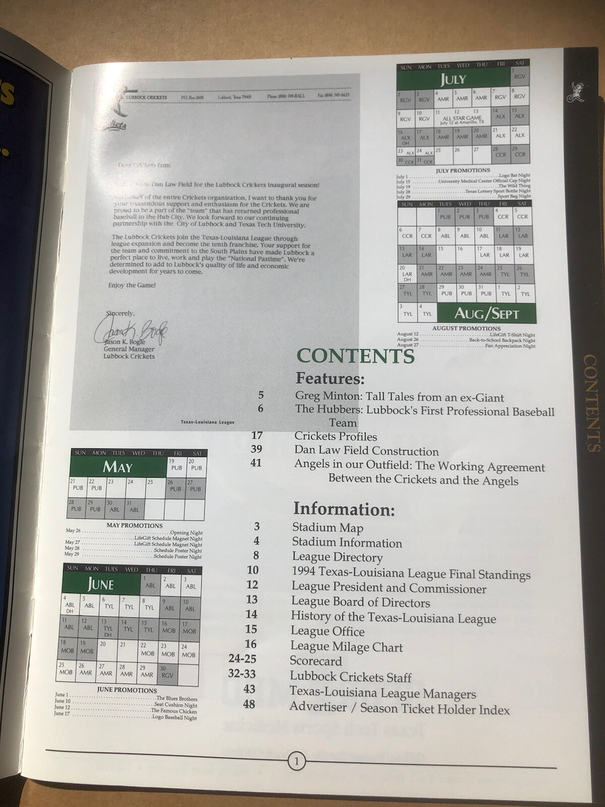 Crickets Lubbock 1995 Inaugural Season Program
