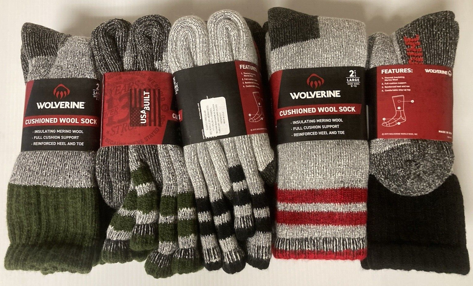 Wolverine Merino Wool Blend Cushioned Work Boot Socks, Large, 4 pairs, Free Ship