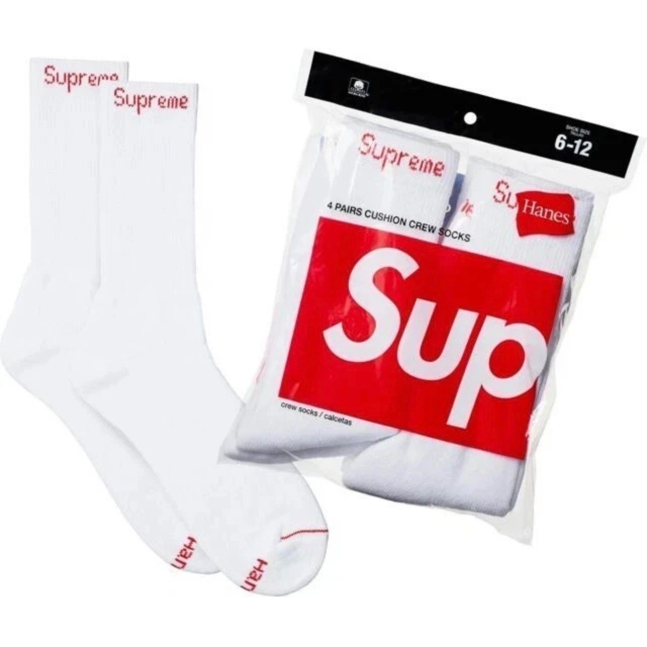 Supreme X Hanes Crew Socks 4 Pairs 8 Socks Cushion White Size 6-12 See Pictures