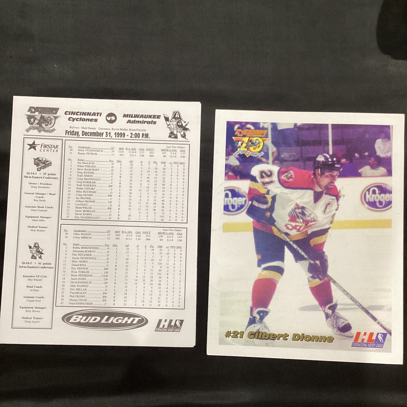 1999 Dec 31 Cincinnati Cyclones Vs Milwaukee Admirals Hockey Scorecard $ Lineup